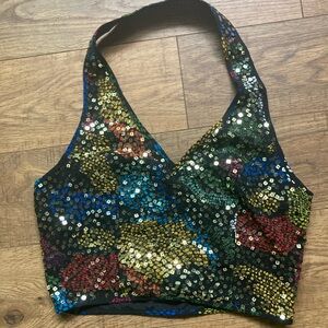 Vintage 1990’s Sequined Sparkle Black and Rainbow Mini Halter Zip Up Tank Top